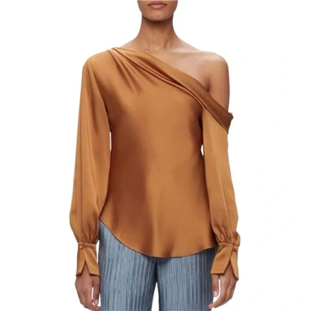 Jonathan Simkhai One-Shoulder Satin Blouse in Camel